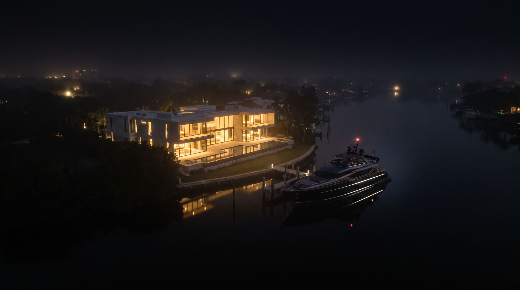 Boca Raton Intracoastal estate at night with private yacht dockage — South Florida luxury real estate represented by XI Realty.